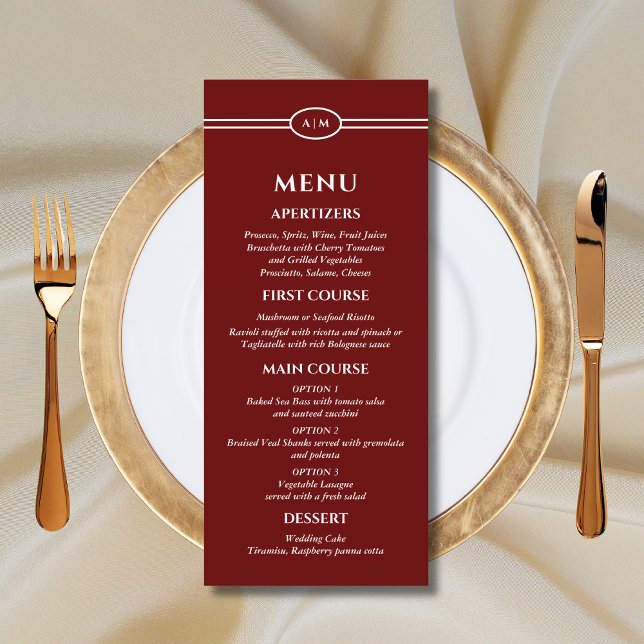 Monogram Modern Burgundy Christian Wedding Menu (Subido por el creador)