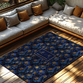 Monogram Navy Rug Gold Flowers Minimalist Style