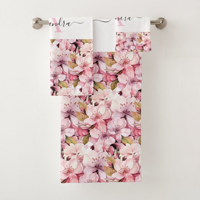Monogram Pink Cherry Blossoms Towel Set (In situ)