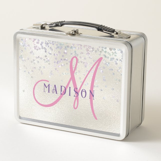 Monogram Pink Script Girl's Silver Pearl Glitter (Anverso)