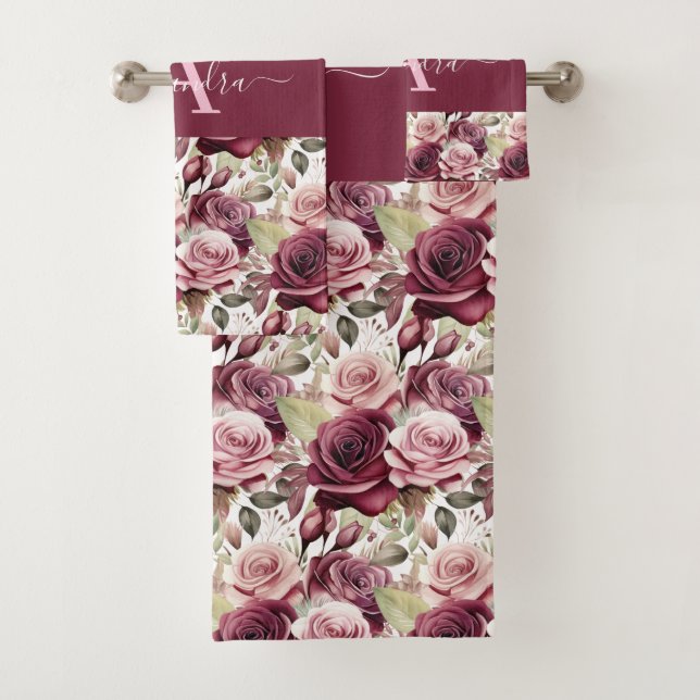 Monogram Purple Burgundy Pink Roses Towel Set (In situ)