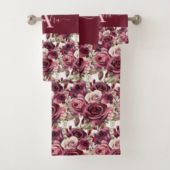 Monogram Purple Burgundy Pink Roses Towel Set (In situ)