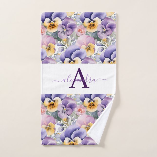 Monogram Spring Pansy Pansies Towel Set (Toalla de mano)