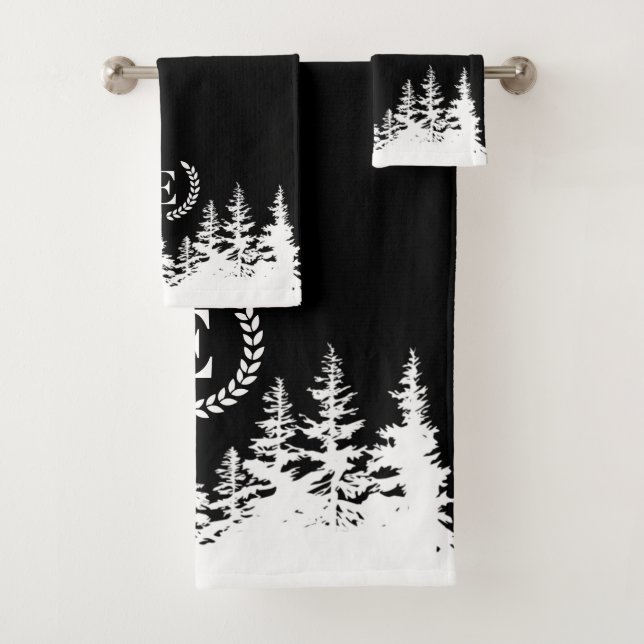 Monogram Trees Bath Towel Set Black and White (In situ)