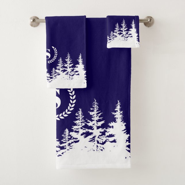 Monogram Trees Bath Towel Set Blue and White (In situ)