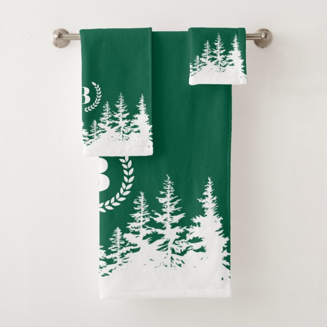 Monogram Trees Bath Towel Set  Green and White (In situ)