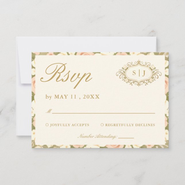 Monogram Vintage Ivory Wedding RSVP Card (Anverso)