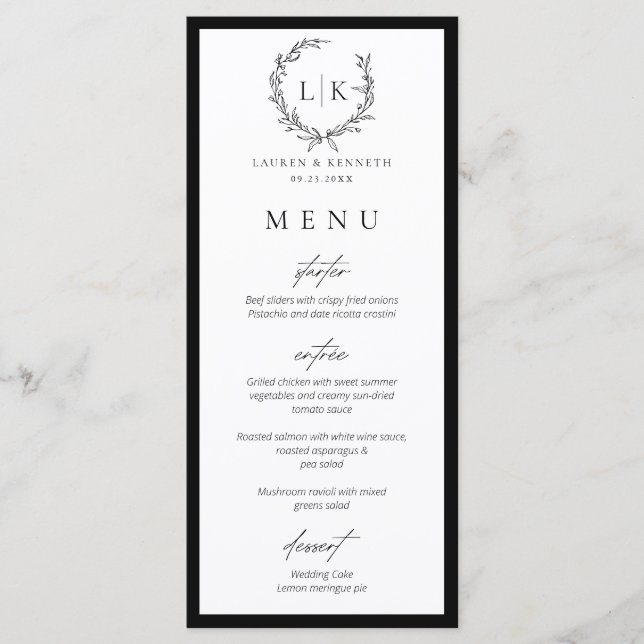 Monogram Wreath Black | White Wedding Menu Card (Anverso)
