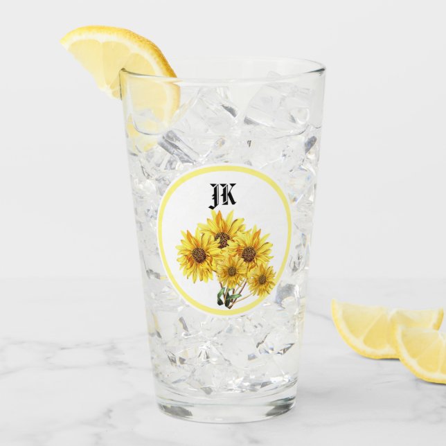 Monograma acuarela amarillo girasol Tumbler Vidrio (Anverso (hielo))