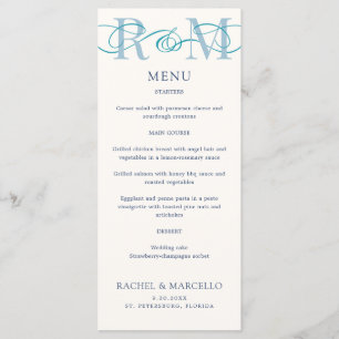Monograma Ampersand Dusty Navy menú Boda azul