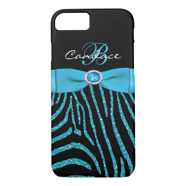 Monograma Aqua, Purpurina negro Funda de iPhone Ze (Reverso)
