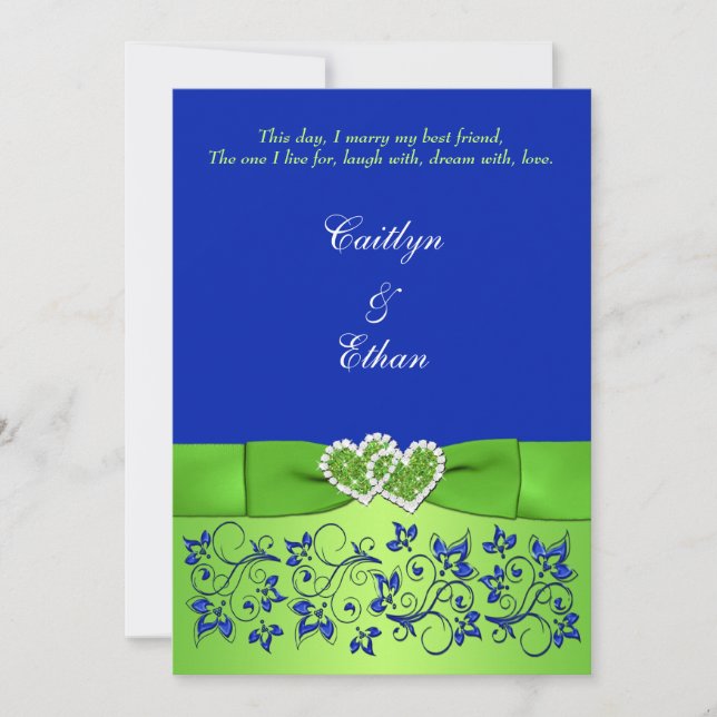 Monograma Azul, Floral Verde, Invitación a la boda (Anverso)