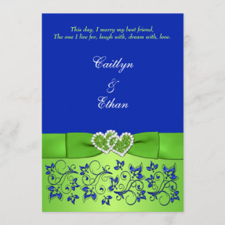 Monograma Azul, Floral Verde, Invitación a la boda