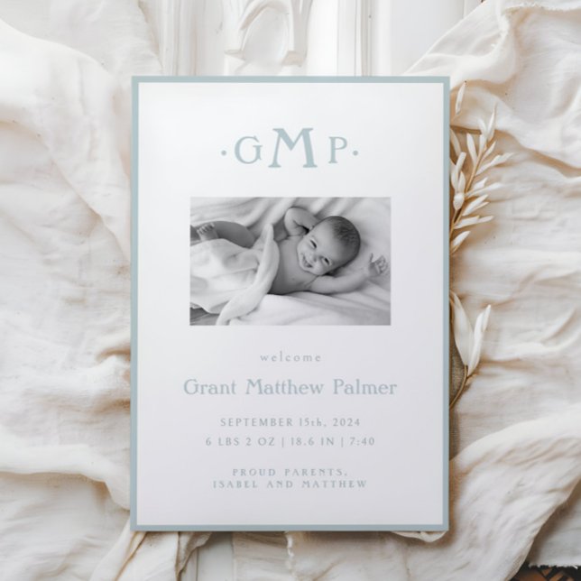 Monograma azul Invitación de bebé (Subido por el creador)