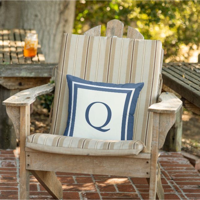 Monograma azul oscuro y beige Cojín decorativo al  (Silla)