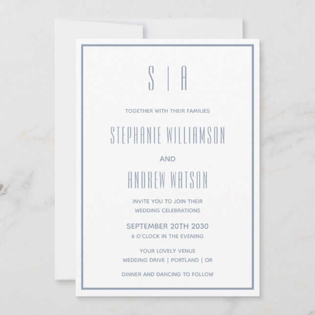 Monograma Azul Polvo y Blanco Boda Moderna Simple (Anverso)