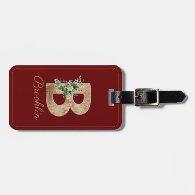 Monograma B letra de madera flor burgundy Etiqueta (Frente Horizontal)