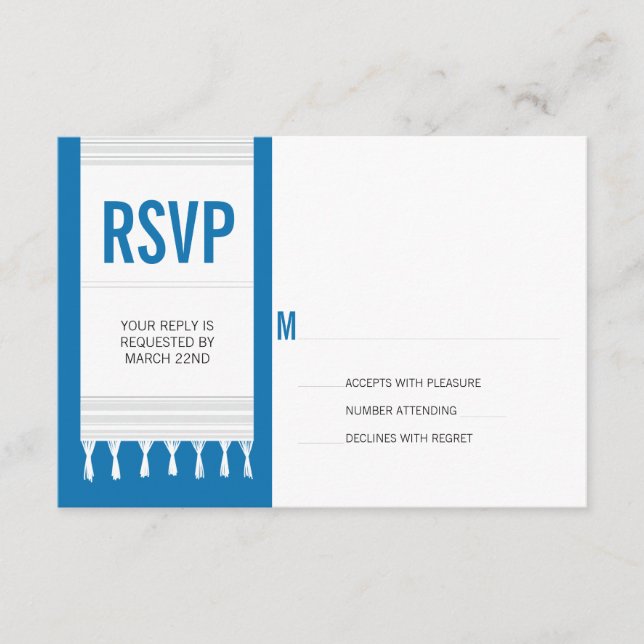 Monograma Barra de fondo azul blanco Mitzvah RSVP  (Anverso)