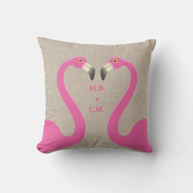 Monograma Besado Flamingos Burlap Almohada exterio (Anverso)