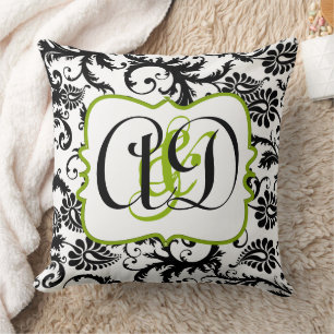 Monograma Black Damask Novia y almohada Groom