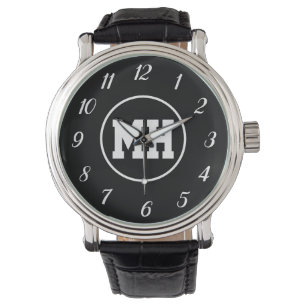 Monograma Blanco Blanco Negro Elegante Reloj inici