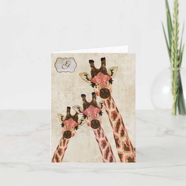 Monograma blanco Notecard de Rosa y de las jirafas (Anverso)