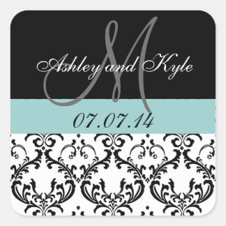 Monograma Blue Damask Save the Date Pegatinas