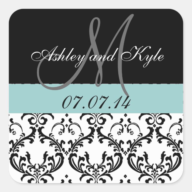 Monograma Blue Damask Save the Date Pegatinas (Anverso)