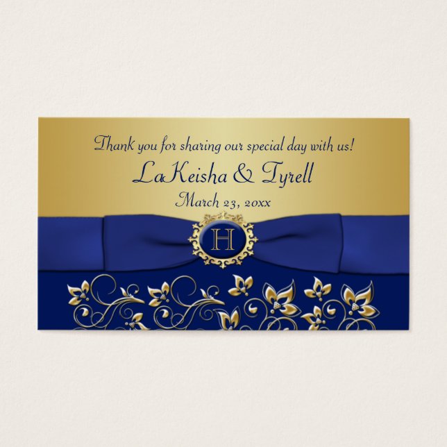 Monograma Blue Gold Favor Floral Gracias Etiqueta (Frente)