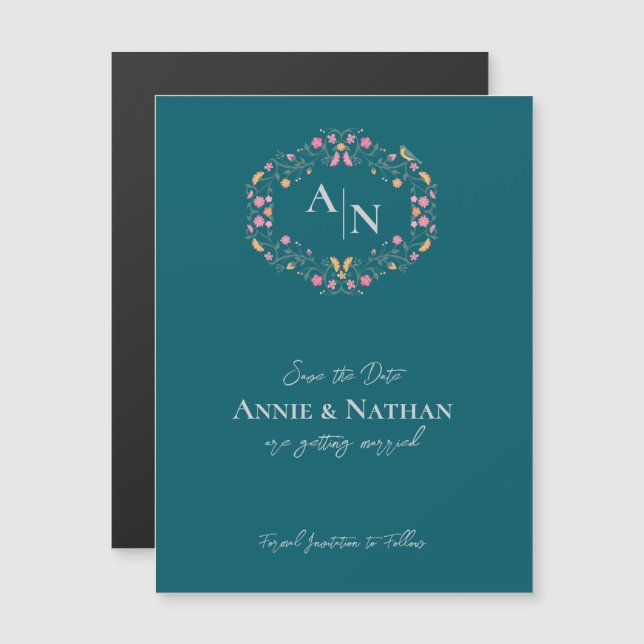 Monograma Boda de marco floral intrincado verde (Anverso/Reverso)