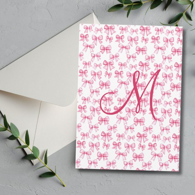 Monograma Bow Rosa Coquette Estética Estacionamien (Pink bow monogram initial preppy thank you card for her. Bridal shower, or personal)
