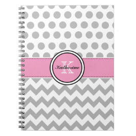 Monograma Chevron gris y cuaderno espiral rosado