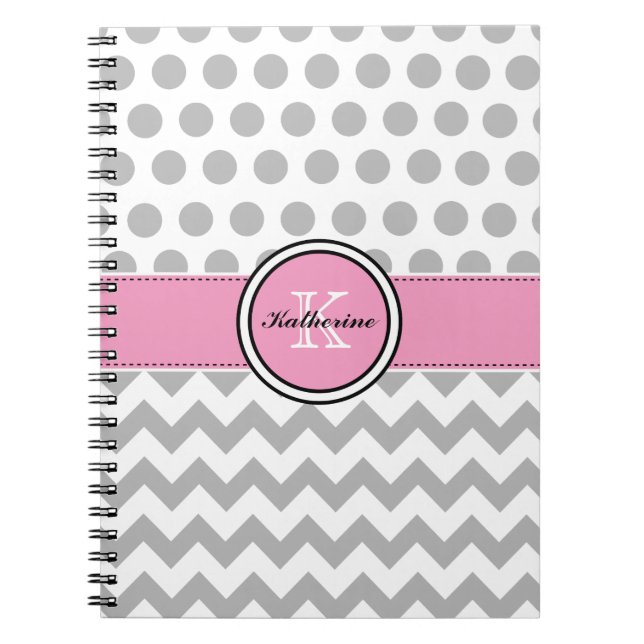Monograma Chevron gris y cuaderno espiral rosado (Frente)