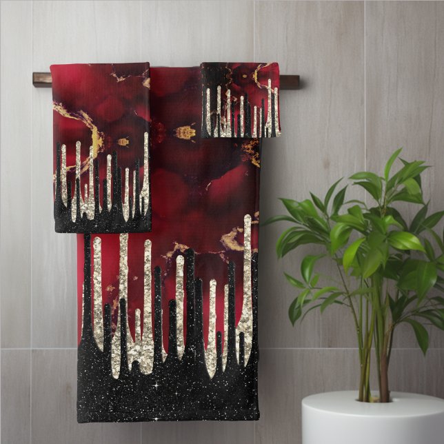 Monograma chic de brillo con gotas de rojo y negro (Subido por el creador)