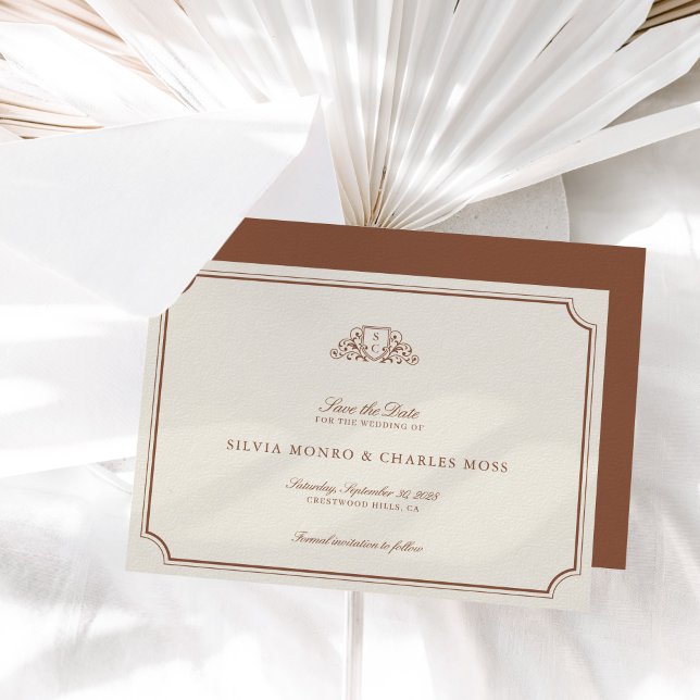 Monograma clásico Boda marrón/crudo Guardar fecha (Classic Brown & Ecru Wedding Monogram Save the Date)