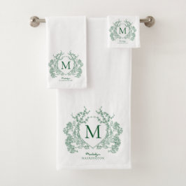 Monograma clásico botánico verde cresta floral