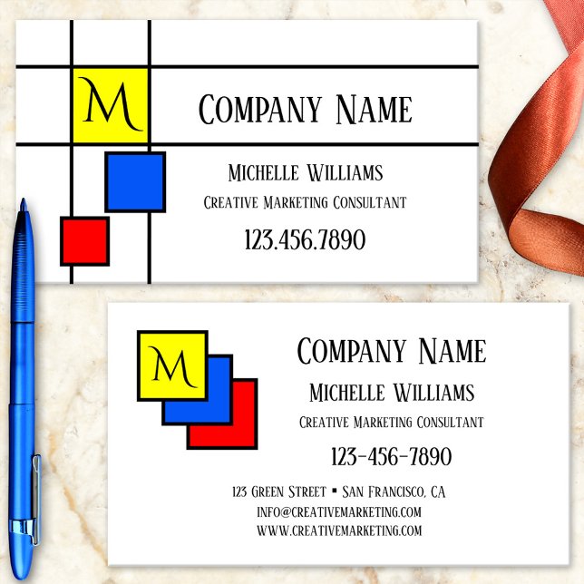 Monograma Colores primarios Tarjeta de presentació (Business card featuring a Mondrian inspired design in primary colors)