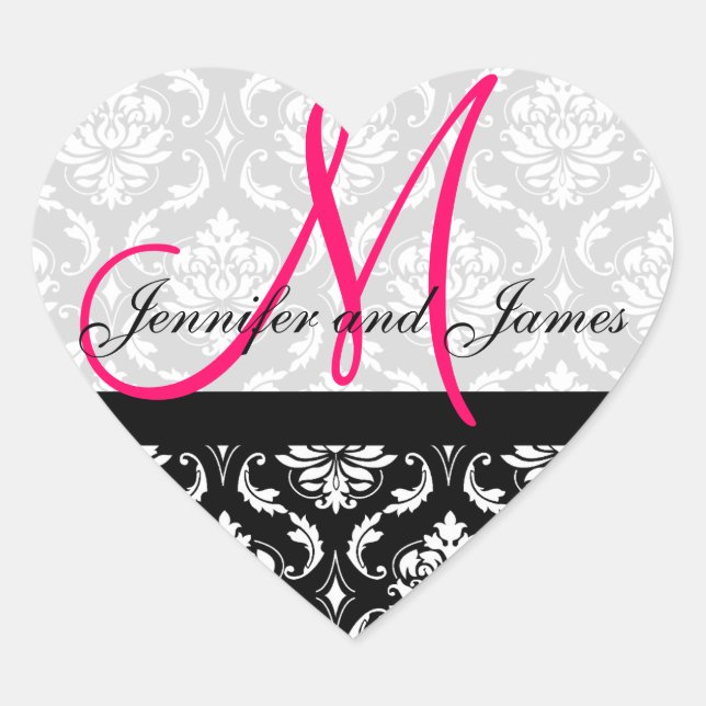 Monograma Damask Boda Favor Pegatinas Rosa (Anverso)