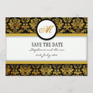 Monograma Damask negro y dorado Guardar la tarjeta