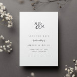 Monograma de Ampersand Guardar la tarjeta de fecha<br><div class="desc">Sencilla y elegante guardar las tarjetas de fecha notifica a sus invitados de su próximo boda en un estilo atemporal. Las tarjetas blancas Crisp presentan sus iniciales trabajadas en un diseño de monograma, junto con un marcador de caligrafía. "Guardar la fecha" aparece debajo, con sus nombres, fecha de boda y...</div>