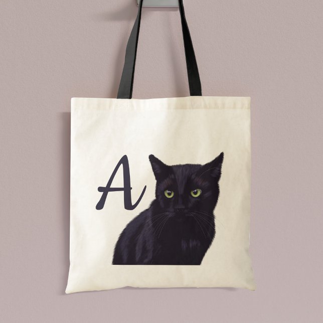 Monograma de arte de gato negro lindo Bolsa de té (If you love black cats and tote bags, this is just for you. Add your initial!)