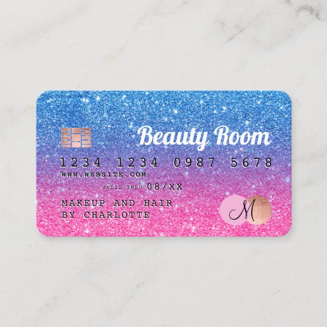 Monograma de belleza purpurina rosa azul tarjeta d (Anverso)