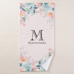 Monograma de borde floral rosa y verde