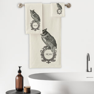 Monograma de búho vintage marfil negro