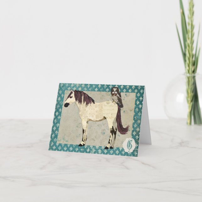 Monograma de caballo blanco y búho Notecard (Anverso)