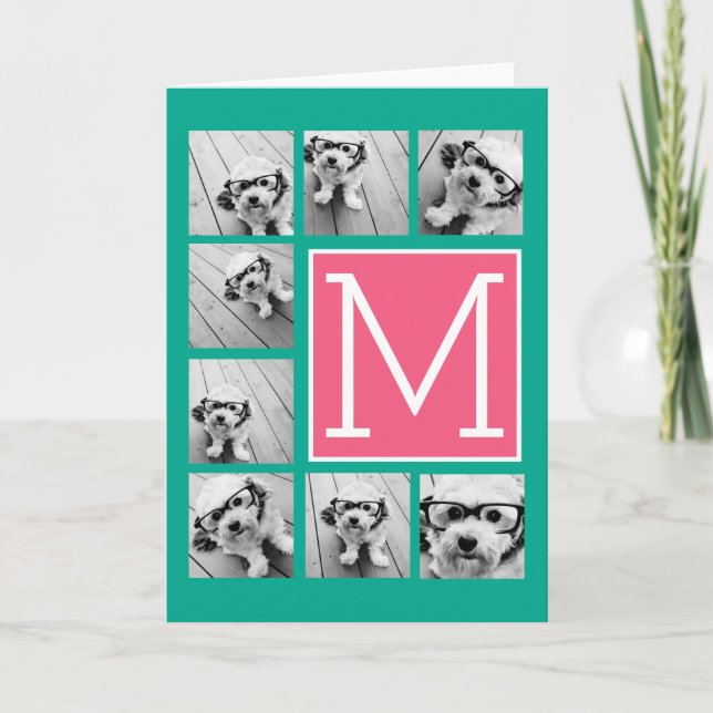 Monograma de Collage de fotos verde azulado y rosa (Anverso)