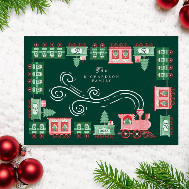 Monograma de entrega de árbol de navidad de tren d (Vintage Train Christmas Tree Delivery Monogram Holiday Card)