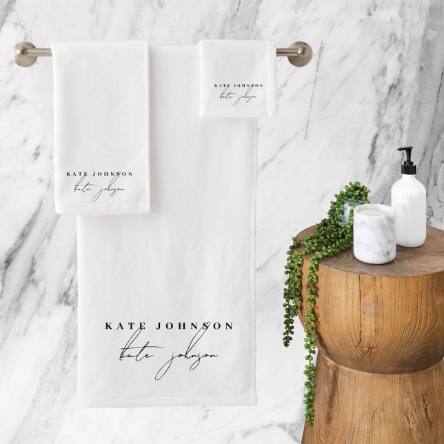 Monograma de escritura de firma blanca negra (Black White Signature Script Monogram Bath Towel Set)