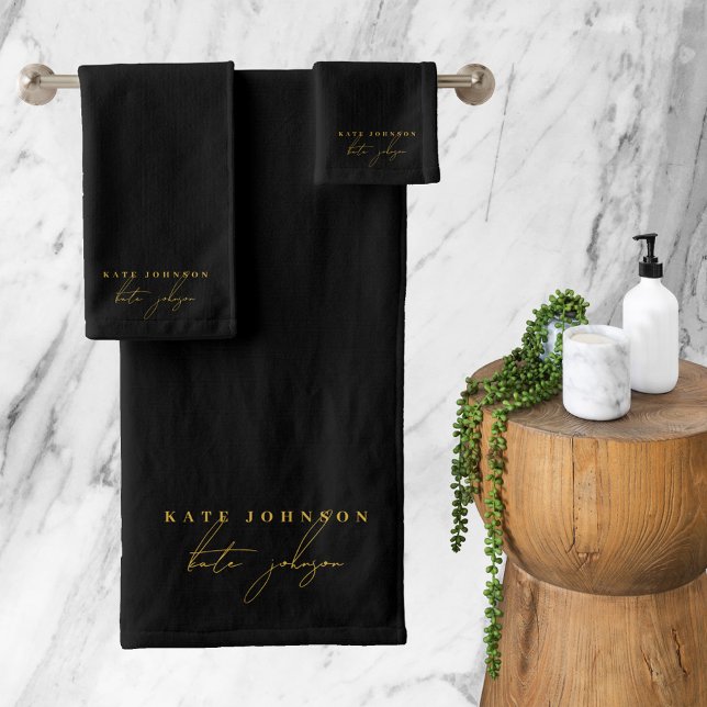 Monograma de escritura de firma de oro negro (Black Gold Signature Script Monogram Bath Towel Set)
