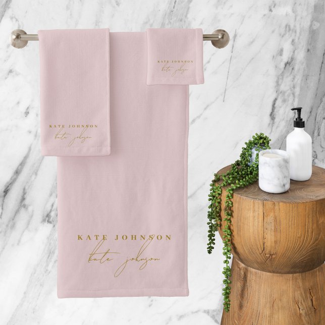 Monograma de escritura de firma de oro rosa (Pink Gold Signature Script Monogram Bath Towel Set)
